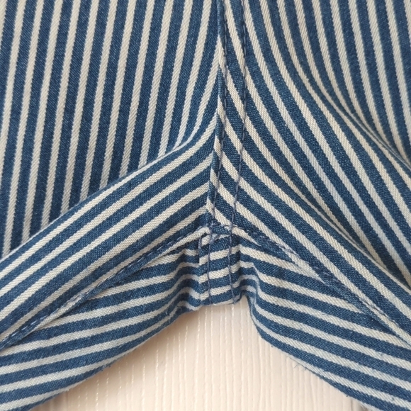 Boho Chic Pinstriped High Waisted Fit & Flare Raw Hem Denim Jeans Blue White L - Picture 12 of 14
